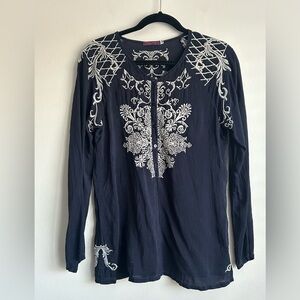 Johnny Was Black Cupra Rayon Embroidered Tunic Shirt Top Blouse Size S Small